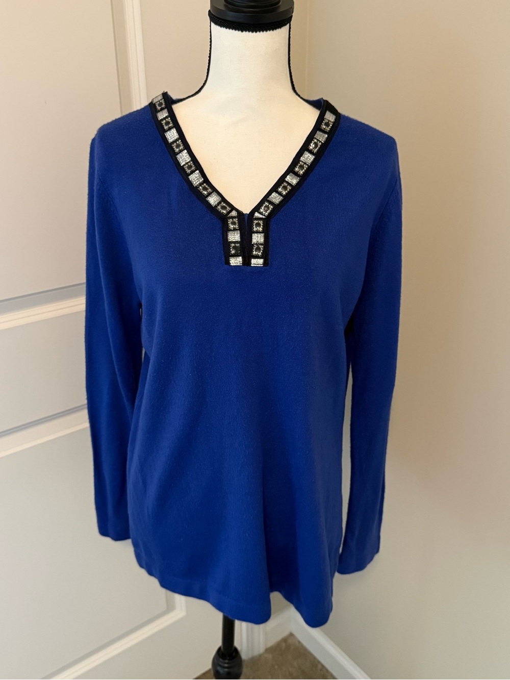 Mercer Street Studio Royal Blue V-Neck Long Sleeve Top with Embellished Trim